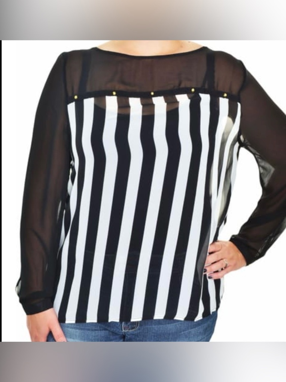 BOUTIQUE Black & White Vertical Striped Sheer Blouse Long Sleeves Size Large